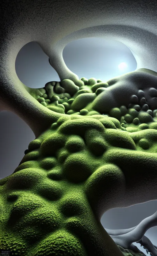 Image similar to highly detailed ultra sharp 3 d render cinematic composition of a smooth ceramic porcelain biomorphic magnolia stone nebula fluid fractal sci - fi surreal architecture landscape, granite, metallic, magnesium, marble, moss and lichen, vincent callebaut composition, mamou - mani, archviz, beautiful lighting, 8 k, unreal engine, hdr,