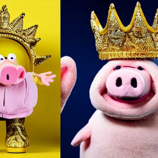 Image similar to pig wearing a gold crown depicted as a muppet holding box 8k