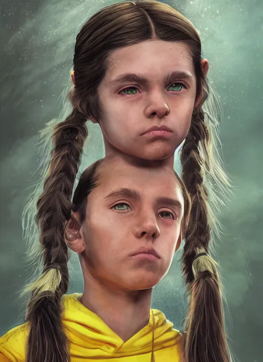 Image similar to An epic fantasy comic book style portrait painting of a young green-eyed feminine boy, fair skin, long brown hair worn in two pigtails, with his left pigtail being shorter than his right, he wears a yellow hoodie with a grey undershirt, unreal 5, DAZ, hyperrealistic, octane render, cosplay, RPG portrait, dynamic lighting, intricate detail, cinematic!!!