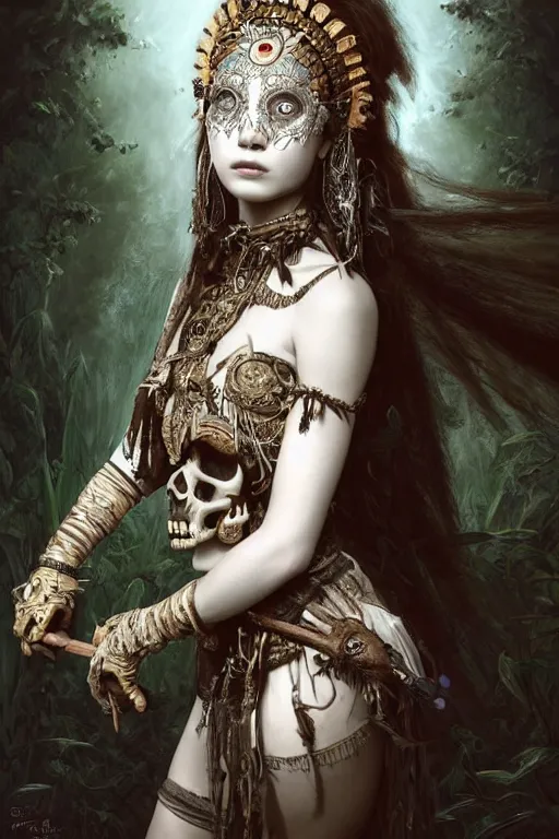 Image similar to A masterpiece ultrarealistic portrait of a Irristible angel princess tribal-shaman-knight-witch-ghost with Skull Iron mask. baroque renaissance girl in the night forest. medium shot, intricate, elegant, highly detailed. trending on artstation, digital art, by Stanley Artgerm Lau, WLOP, Rossdraws, James Jean, Andrei Riabovitchev, Marc Simonetti, Yoshitaka Amano. background by James Jean and Gustav Klimt, light by Julie Bell, 4k, porcelain skin.