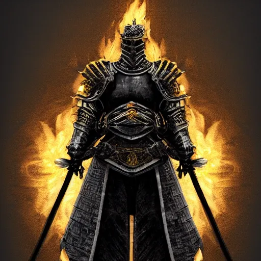 Prompt: the knight of the eternal flame covered in flames wearing detailed gold and black armor like obsidian, dark souls concept art, dramatic lighting, trending on artstation hq, 4 k, uhd