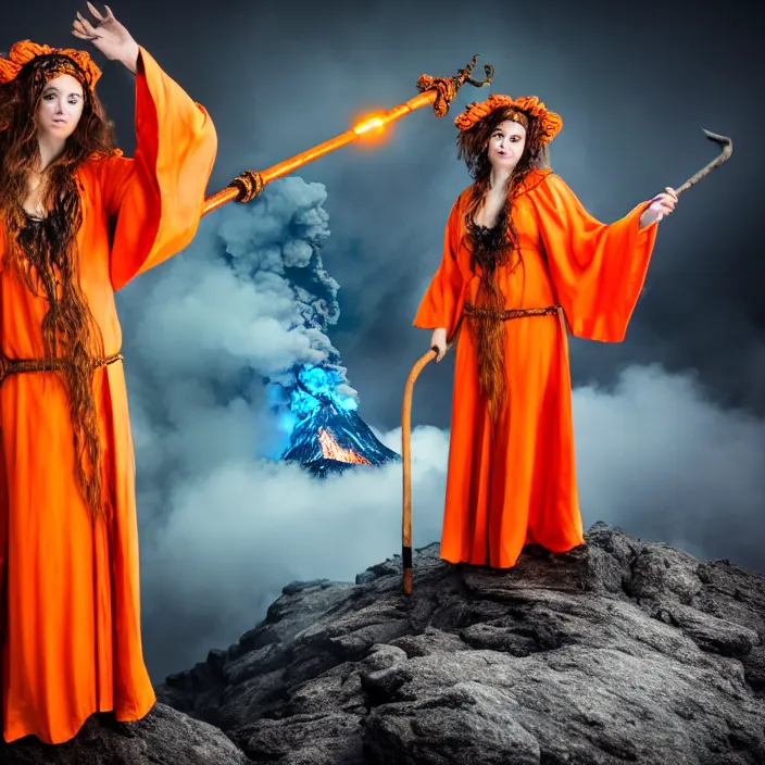 Image similar to professional photograph of a real-life beautiful elemental volcano witch with ornate orange robes and staff. Extremely detailed. 8k