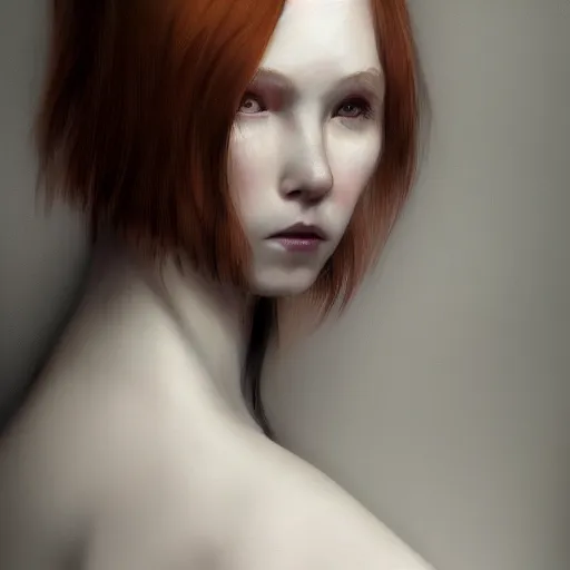 Image similar to studio portrait, a short pale ginger girl with freckles, ginger hair is middle parted, scowling, wearing a black robe, trending on art station, by wlop