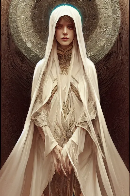 Prompt: pale priestess of the sacral moon full body portrait highly detailed, digital painting, artstation, concept art, smooth and sharp focus, illustration, art by tian zi and wlop and alphonse mucha