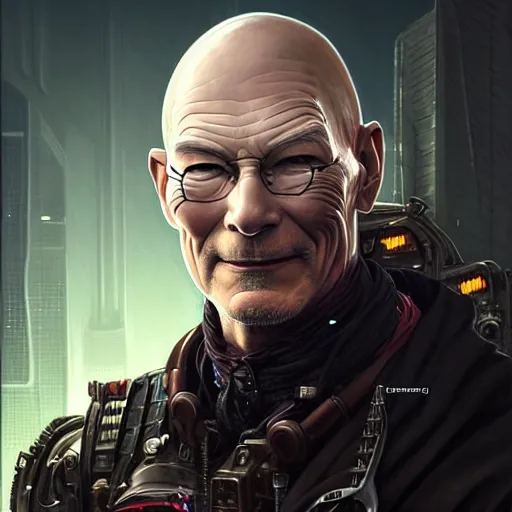 Image similar to portrait painting of a cyberpunk ork doctor muscular patrick stewart with fangs and tusks, ultra realistic, concept art, intricate details, eerie, highly detailed, photorealistic, octane render, 8 k, unreal engine. art by artgerm and greg rutkowski and charlie bowater and magali villeneuve and alphonse mucha