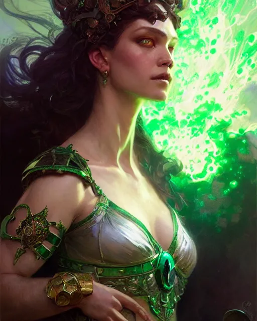 Image similar to emerald enchantress, fantasy character portrait, ultra realistic, concept art, intricate details, highly detailed by greg rutkowski, gaston bussiere, craig mullins, simon bisley, alphonso mucha