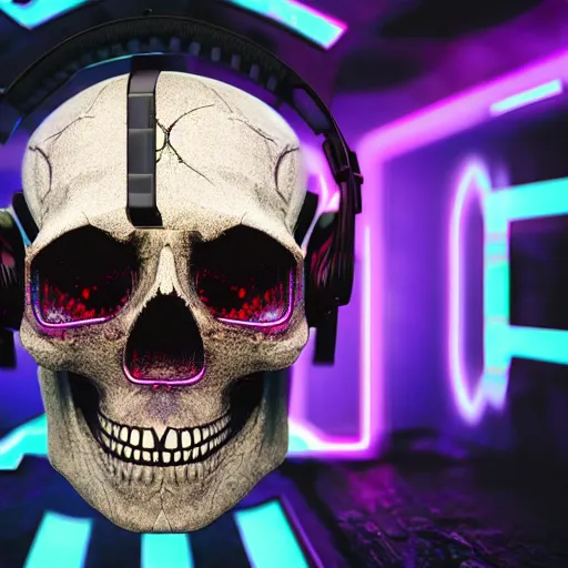 Image similar to a skull with a vr headset in a cyberpunk aesthetic, 4 k, with the word pixel written on the headset