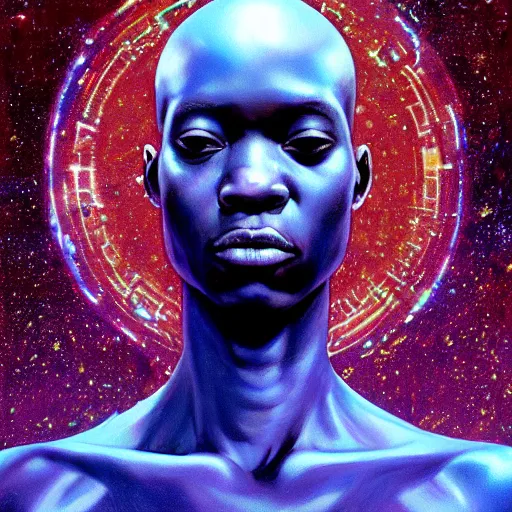 Image similar to an african!! cosmic god bending space time, watchmen, dim light, bloom, front game card, marvel comics, dark, intricate, highly detailed, smooth, artstation, digital illustration by ruan jia and mandy jurgens and artgerm and wayne barlowe and greg rutkowski and zdislaw beksinski, and adi granov