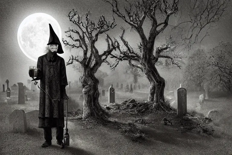 Prompt: a blind old wizard in a pointy hat pours a magic elixir in a cemetery, dark night, full moon, crows on the oak tree, highly detailed digital art, photorealistic