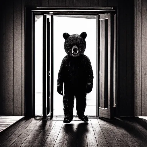 Image similar to dark photograph of a small bear mascot walking through a large wooden doorway