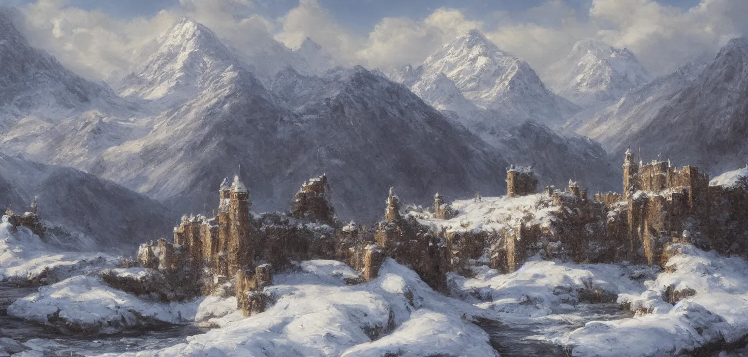 Image similar to detailed Photorealistic oil painting of an epic scene containing A snowy mountain that faces the open water and is blocked off by a large castle