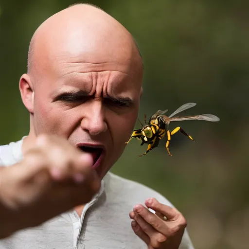 Image similar to a photo of a balded man arguing at a wasp, close up, photorealistic