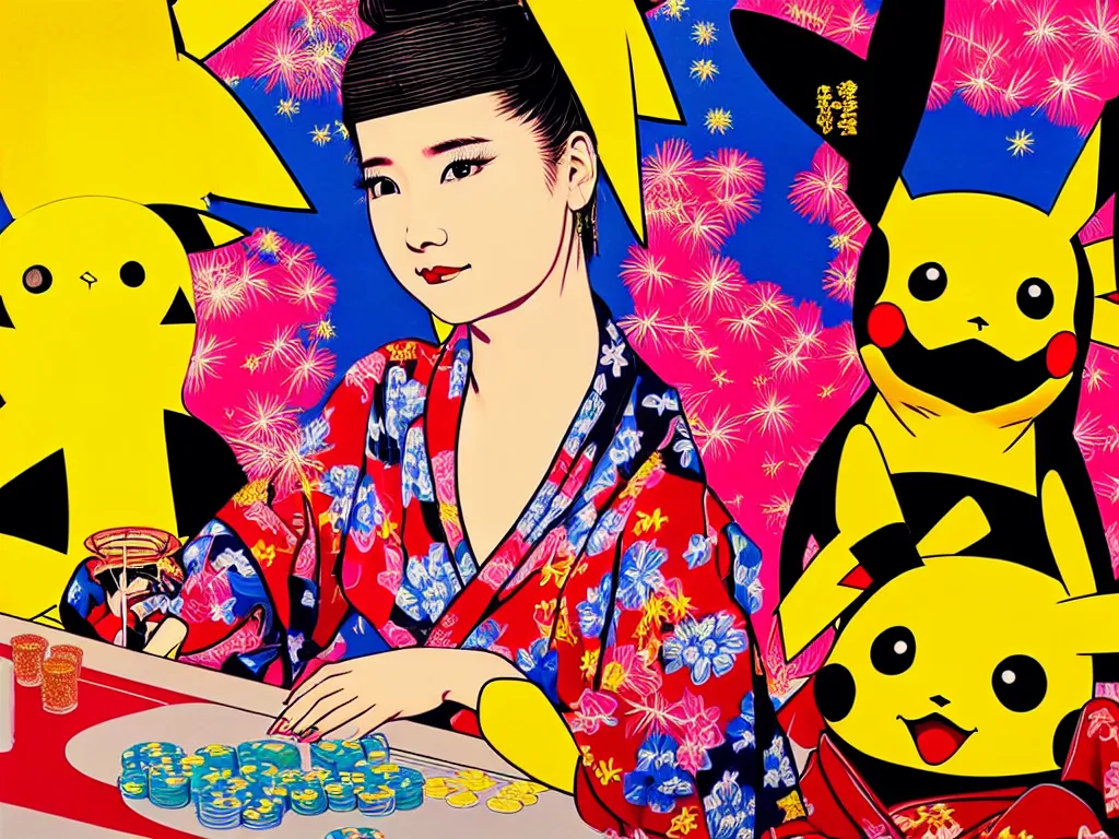 Prompt: hyperrealism composition of the detailed woman in a japanese kimono sitting at a poker table with pikachu, fireworks on the background, pop - art style, jacky tsai style, andy warhol style, acrylic on canvas