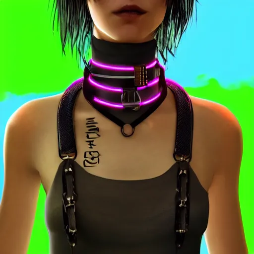 Image similar to detailed realistic cyberpunk female character cyberpunk wearing steel collar around neck, realistic, art, beautiful, 4K, collar, choker, collar around neck, punk, artstation, detailed, female, woman, choker, cyberpunk, neon, punk, collar, choker, collar around neck, thick collar, choker around neck, wearing choker, wearing collar, bright neon punk hair,