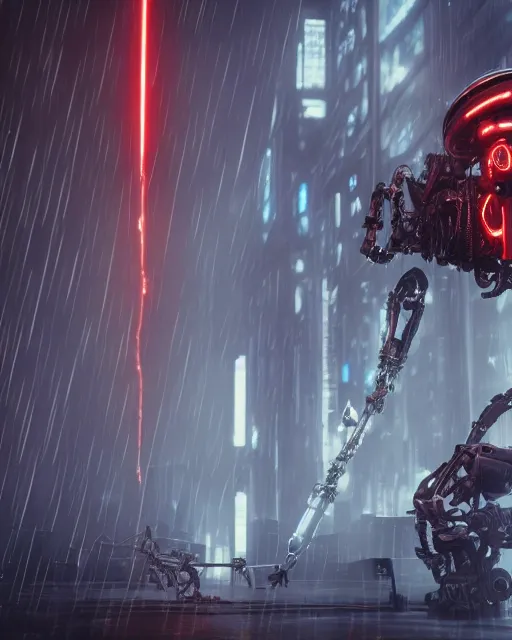 Prompt: 5 5 mm close up portrait photo of angry heavy duty biomechanical general grievous holding 4 red activated lightsabers in a futuristic city in the rain. dof. bokeh. cyberpunk horror style. highly detailed 8 k. intricate. unreal engine render with nanite and lumen. lifelike. soft light. nikon d 8 5 0.