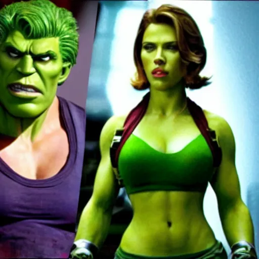 Prompt: scarlett johansson as green skinned hulk, she - hulk, green skin, muscular, bodybuilding woman, wheyfu, movie still