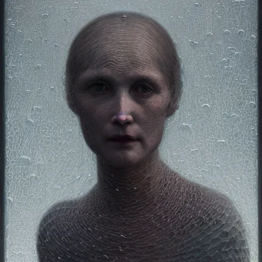 Image similar to Woman portrait, ice crystal wires everywhere, flat background, by Edgar Maxence and Ross Tran, Zdzisław Beksiński, and Michael Whelan, distant, gustav dore, H.R. Giger, 8k, octane render