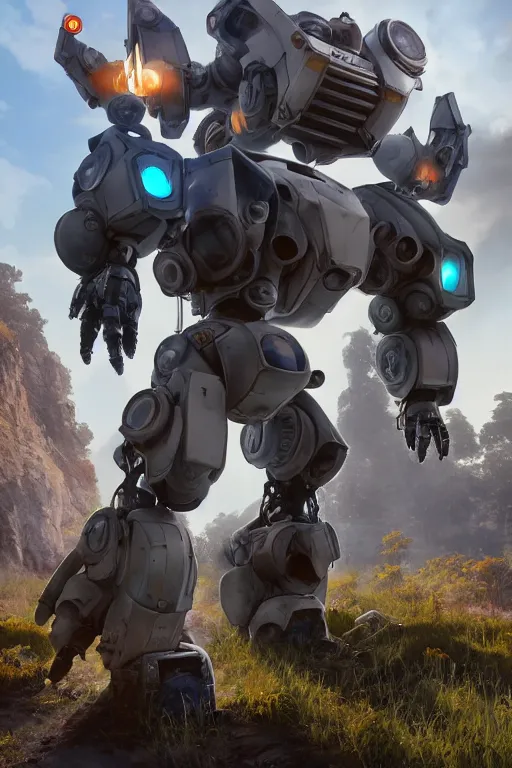 Image similar to mechwarrior 5 : mercenaries mech megaman transformer robot boss tank engine game octane render, 4 k, hd 2 0 2 2 3 d cgi rtx hdr style chrome reflexion glow fanart, global illumination ray tracing hdr fanart arstation by ian pesty by jesper ejsing pixar and disney unreal zbrush central hardmesh