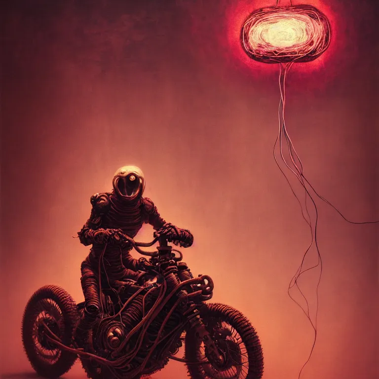 Prompt: doom motorbiker, covered with wires, by beksinski, psychedelic trippy visionary art, soft bloom lucid dream - like atmosphere, baroque painting, perfect composition, detailed octane render trending on artstation, 8 k artistic photography, volumetric cinematic perfect light, chiaroscuro, masterpiece, raphael, caravaggio, beksinski, rutkowski, beeple