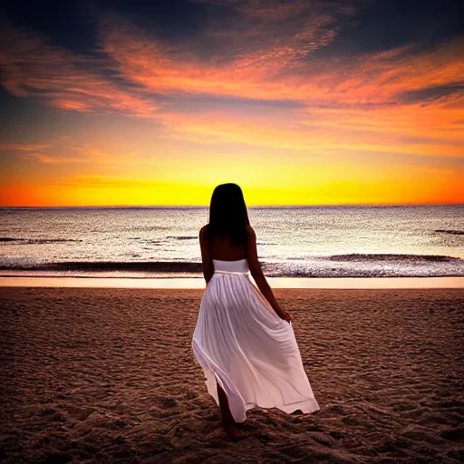 Image similar to a beautiful photograph of a woman in a white dress on the beach at sunset, by chris freilich