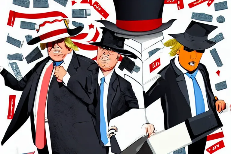 Image similar to 2 d poster illlustration donald trump and donald trump wearing trenchcoats and black spy hats and stacks of boxes for the movie spy vs spy