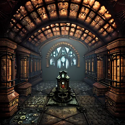 Image similar to steam necropolis, memento mori, gothic, neo - gothic, art nouveau, hyperdetailed copper patina medieval icon, stefan morrell, philippe druillet, ralph mcquarrie, concept art, steampunk, unreal engine, detailed intricate environment, octane render, moody atmospherics, volumetric lighting, ultrasharp, ominous, otherworldly