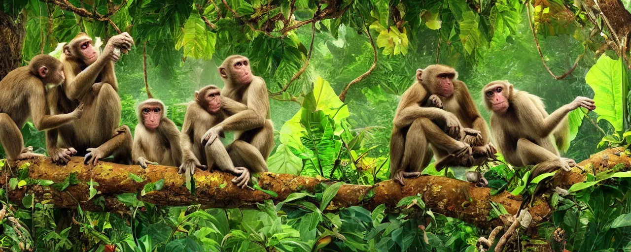 Image similar to a family of monkeys swing through the trees in a beautiful jungle landscape bordered by vines, flowers, tropical birds, snake, river with stunning water, weta pixar high fantasy many detailed features photorealism