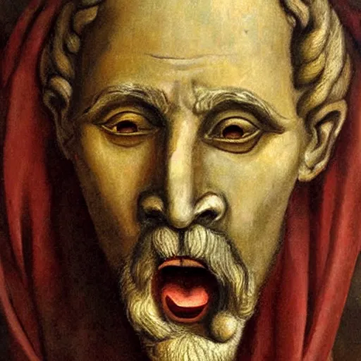 Image similar to portrait of ancient greek man yawning with big eyes and sharp nose. fine detail. artistic painting by lurid