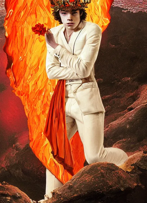 Prompt: anthropormorphic young Harry Styles made out of paper wearing a firey red and orange tissue paper with a golden crown and a black prince tuxedo by Prada. bubbling pools of lava in the crater of a volcano. ethereal, fantasy, Lawrence Alma-Tadema, James Jean, oozium, peter morbacher, angelarium, alchemy, luxury, heavenly light, Soft illumination, Trending on artstation, Cinematic Lighting, very detailed, 3D, octane render, artgerm