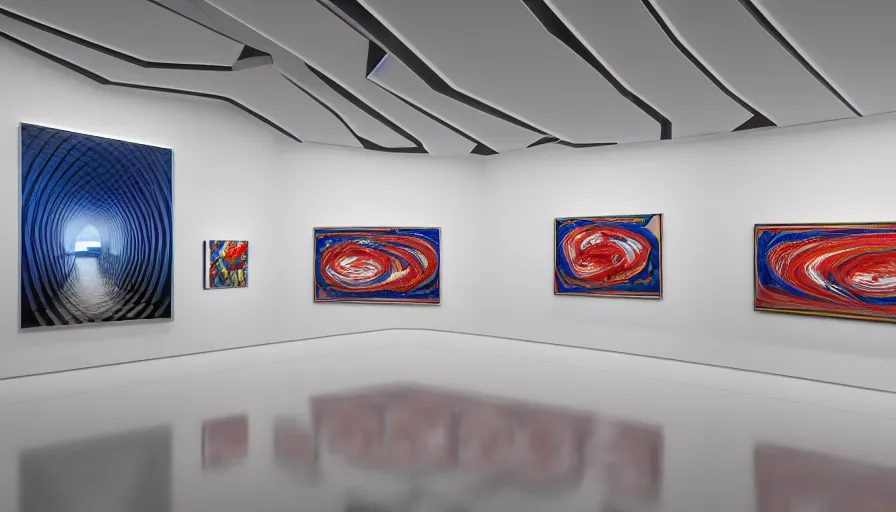 Prompt: interior futuristic art gallery wide angle highly detailed by santiago calatrava, three wall hanging paintings famous pieces by zagar!, captivating 8 k hdr, octane render godrays hyperrealism