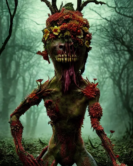 Image similar to a disturbing horror photograph of an amazing fantasy creature made out of nature and flowers and fungus, intricate, hyperrealism, sharp focus, cinematography, highly detailed, octane render, digital horror artwork, matte, photography by professional photographer