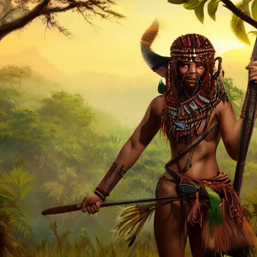 a female tribal warrior in the jungle, african. By, Stable Diffusion