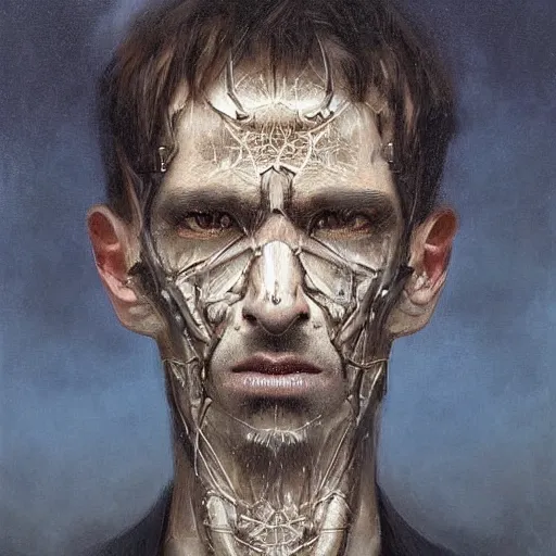 Image similar to surreal portrait of a man by Greg Rutkowski, symmetrical face, he is about 30 years old, short black hair with bangs, his features are a mix between French, Turkish and Russian, transformed into a kind of biomechanical transhuman god, uncany but fascinating, expression of epiphany and determination, cosmic void background, frightening, fascinating, highly detailed portrait, digital painting, book cover, artstation, concept art, smooth, sharp foccus ilustration, Artstation HQ