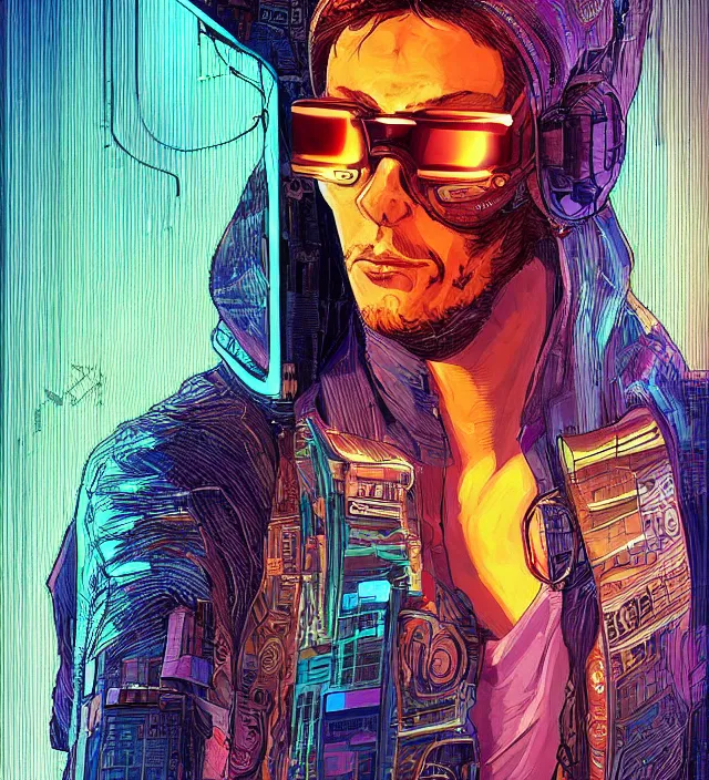 Image similar to a character portrait of a cyberpunk hacker / raver in the style of jean giraud in the style of moebius trending on artstation deviantart pinterest detailed realistic hd 8 k high resolution