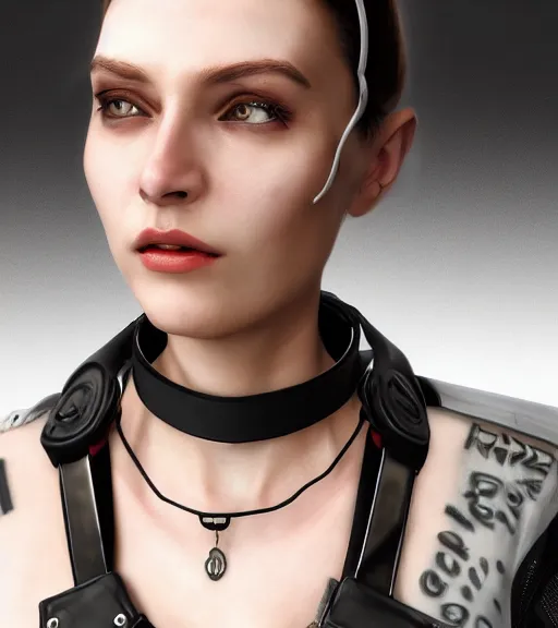 Image similar to detailed realistic female character cyberpunk wearing thick technological collar around neck, realistic, art, beautiful, 4K, collar, choker, collar around neck, punk, artstation, detailed, female, woman, choker, cyberpunk, neon, punk, collar, choker, collar around neck, thick collar, tight around neck, punk,