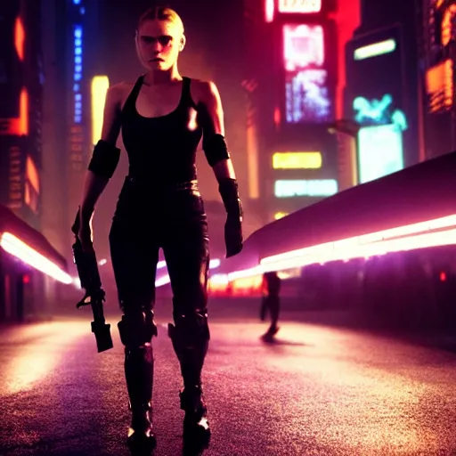 Prompt: anna paquin starring in a cyberpunk movie in a distopic futuristic city in the style of bladerunner, wearing a cropped black tank top, mini shorts and black boots, firing a gun, muzzle flash, movie still, highly detailed, rainy night, volumetric lights, dramatic, scifi, sharp focus