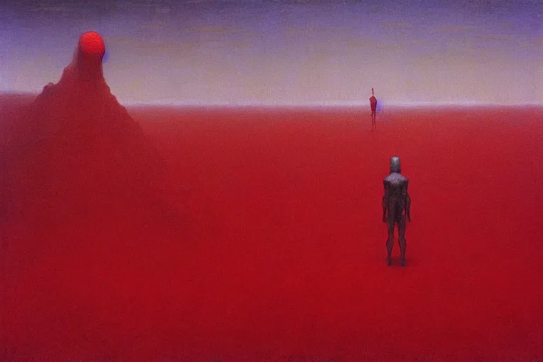 Image similar to only with red, red god of death eat apple, a futuristic city on mars in the background, red worms on the floor, in the style of beksinski, part by hopper, part by rodcenko, part by hofbauer, intricate composition, red by caravaggio, insanely quality, highly detailed, masterpiece, red light, artstation, 8 k