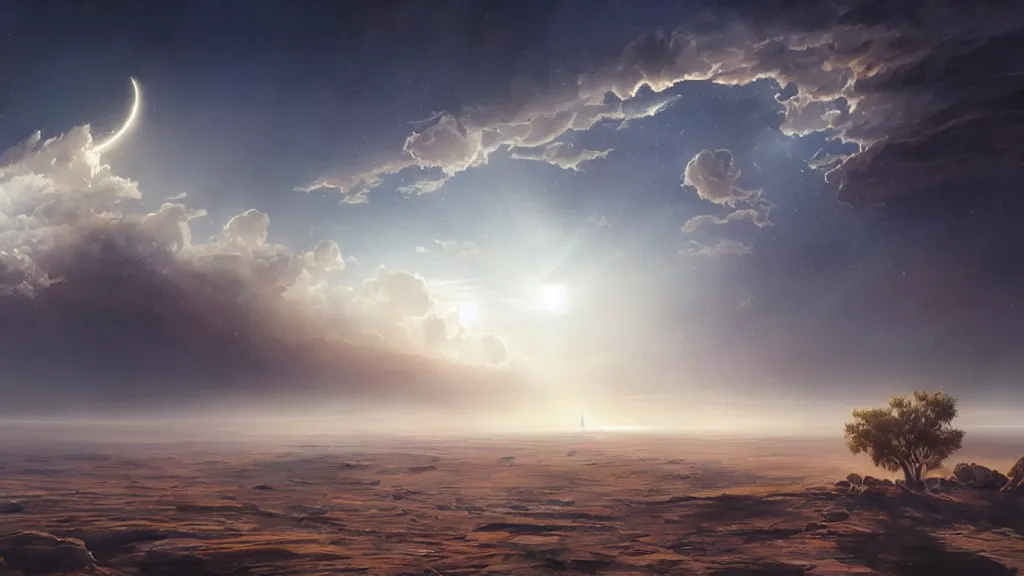 Image similar to The moon, the desert, the rays of the sun through the dust, a shock wave, birds and clouds in the sky enter the earth, art by Jessica Rossier,