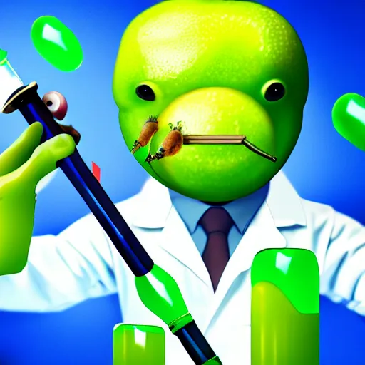 Prompt: a kiwifruit wearing a lab coat and goggles holding a test tube in a science lab, digital art, 8k, artstation