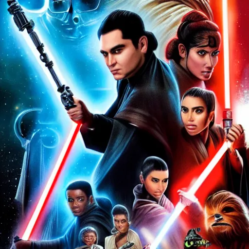 Image similar to super detailed star wars movie poster with ben shapiro, snooki and kim kardashian, 8k full HD photo, cinematic lighting, anatomically correct, oscar award winning, action filled, correct eye placement,