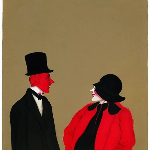 Prompt: A thin man in a black coat and bowler hat talks with girl who is dressed in a red coat and a red hat, Berlin park, autumn, 1923, in the style of in the style of Francis Bacon and Syd Mead and Norman Rockwell and Beksinski, high detail, width 768