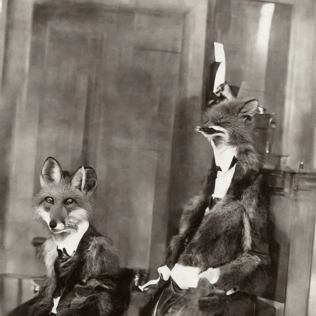 Image similar to anthropomorphic fox in suit sitting in the lobby of a luxury hotel, anthro, furry, 1 9 2 0 s photograph