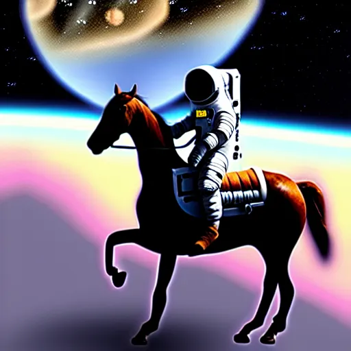 Prompt: an astronaut is carrying a horse on his neck, concept art, fantasia photo