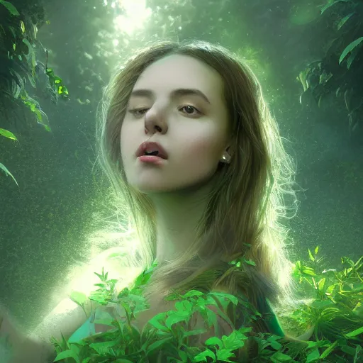 Image similar to a highly detailed digital matte painting of a young woman surrounded and engulfed in green leaves, artstation, detailed woman, stunning volumetric lighting, elegant, fantasy, 4k