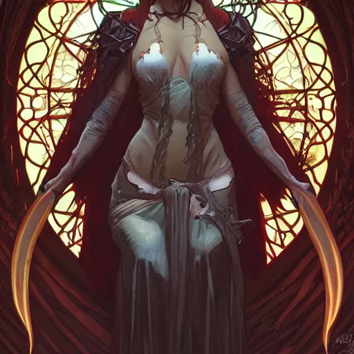 Prompt: Demon Knight of Death, by Artgerm and Greg Rutkowski and Alphonse Mucha