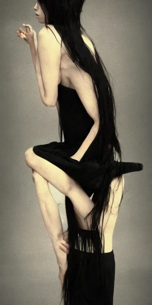 Image similar to photo of lonely young girl エウリン with straight long black hair wearing black dress that sitting on bathroom floor, photo made by mario testino and vanessa beecroft, model エリサヘス ・ セイモア from acquamodels. com, render by artgem and alphonse mucha for capcom co, resident evil