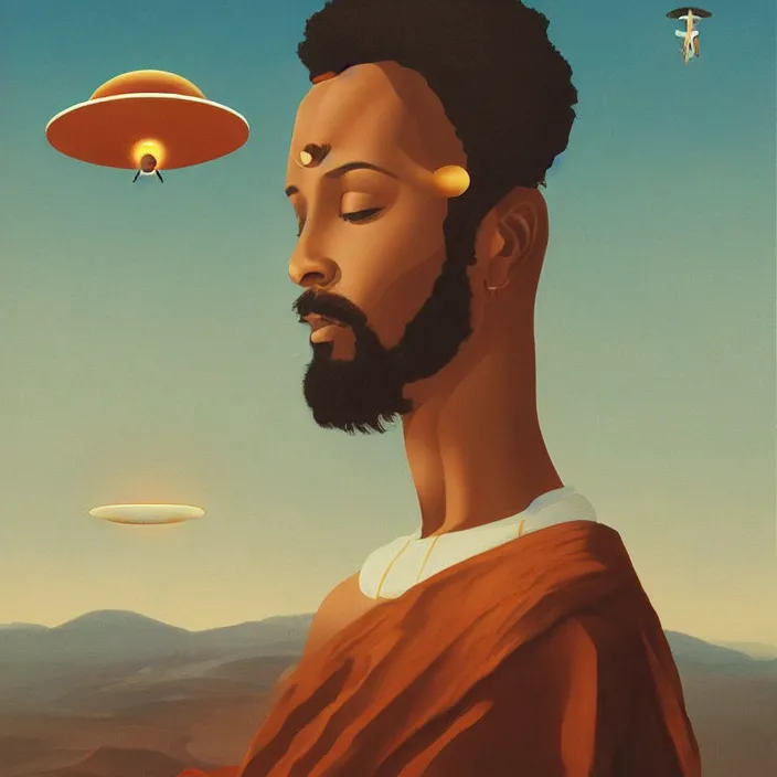 Image similar to a UFO, hovering over an African Jesus, painting by Hsiao-Ron Cheng,