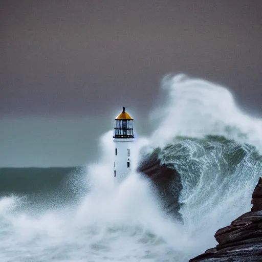 Image similar to close up of light house on cliffs with rough seas and high waves, stormy unreal 5