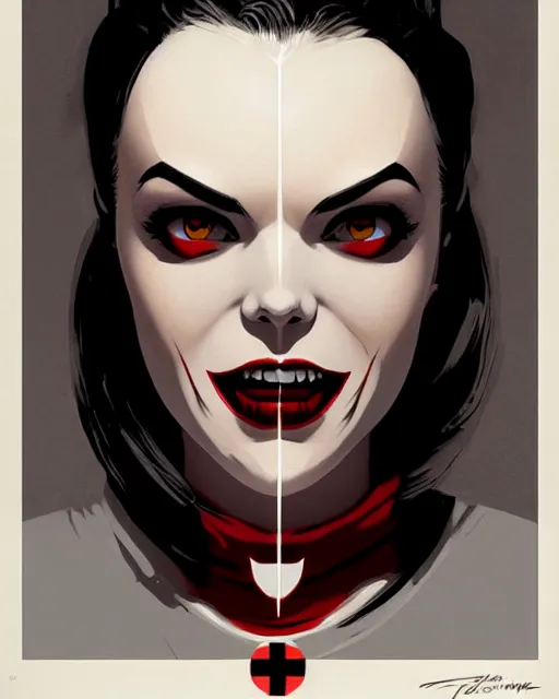 Image similar to beautiful female vampire nurse cap, symmetrical face, evil grin, cinematic, dramatic, super detailed and intricate, by koson ohara, by darwyn cooke, by greg rutkowski