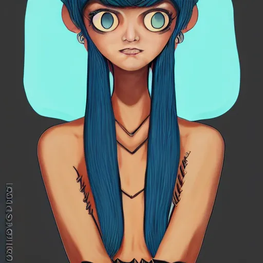 Image similar to illustrated realistic portrait of swept-back prong-horned devil woman with blue bob hairstyle and her tan colored skin and with solid black eyes wearing leather by rossdraws